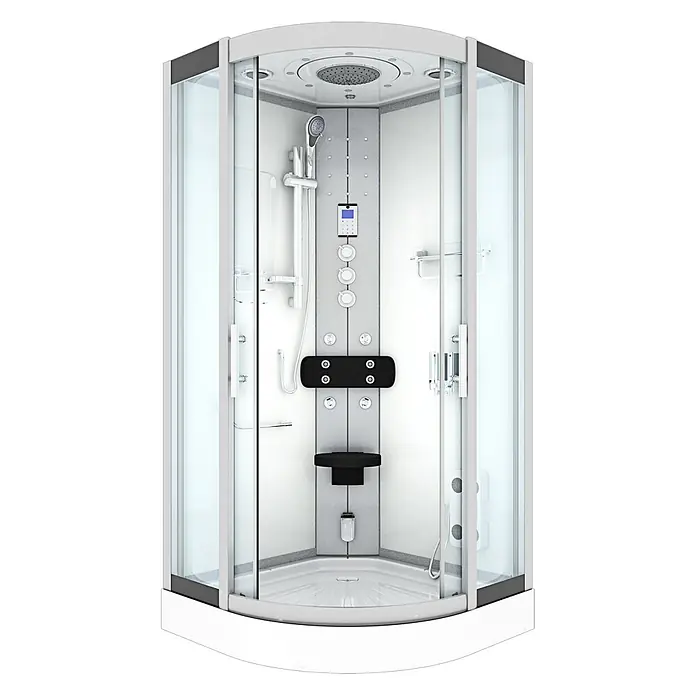 AcquaVapore Komplettdusche Fertigdusche D46-10T1-EC - 90 x 90 x 215 cm, Weiß - Moderne weiße Duschkabine mit Glastüren, eingebautem Bedienfeld, mehreren Massagedüsen und schwarzem Klappsitz.