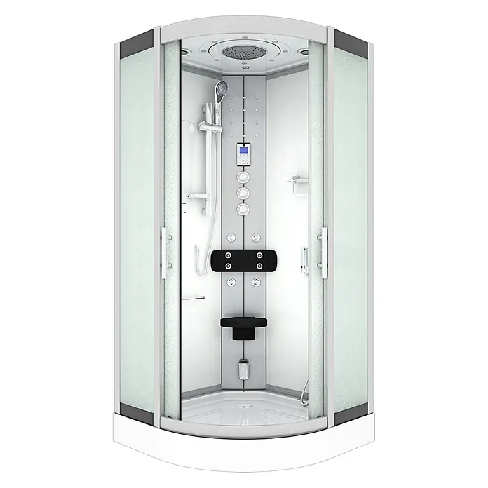 AcquaVapore Komplettdusche Dampfdusche D46-20M3-EC - 100 x 100 x 215 cm, Weiß - Moderne Eckduschkabine mit mattiertem Glas, weißem Rahmen, integriertem Bedienfeld, Düsen, Hand- & Regendusche und schwarzem Sitz.