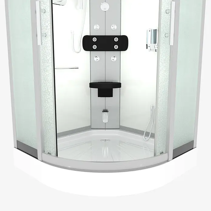AcquaVapore Komplettdusche Dampfdusche D46-00M3 - 80 x 80 x 215 cm, Weiß - Moderne Viertelkreis-Duschkabine mit mattierten Glastüren, weißer Wanne und grauem Mittelteil mit schwarzen Bedienelementen, Düsen und Klappsitz.