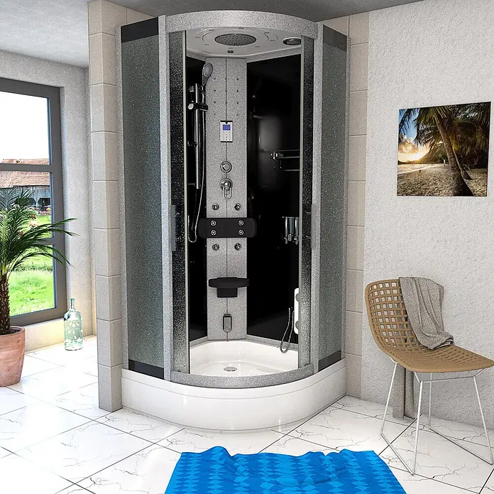 AcquaVapore Komplettdusche Fertigdusche D46-53M0 - 90 x 90 x 225 cm, Schwarz - Moderne Eckduschkabine mit gesprenkelten Silberpaneelen, schwarzem Interieur, weißem Sockel, Regen- und Handbrause sowie Massagedüsen im Bad.