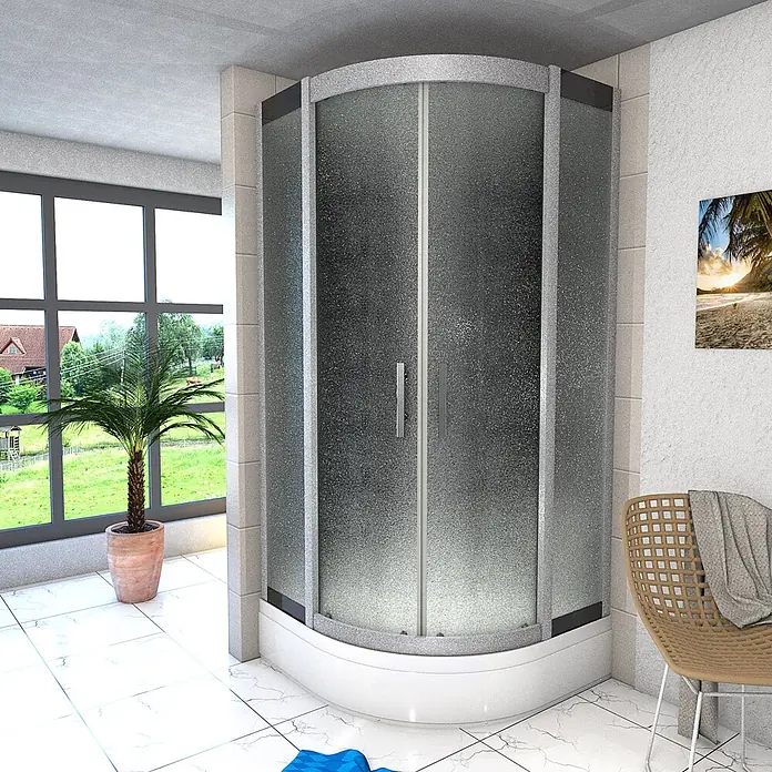 AcquaVapore Komplettdusche Fertigdusche D46-53M0 - 90 x 90 x 225 cm, Schwarz - Gebogene Duschkabine mit mattierten Glastüren und silberfarbenen Rahmen, in einem modernen Badezimmer.