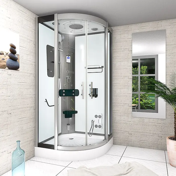 AcquaVapore Komplettdusche Dampfdusche D46-00T2 - 80 x 80 x 215 cm, Weiß - Eine moderne Eckduschkabine mit Glastüren, Regendusche, Handbrause, Massagedüsen und Sitzbank in einem gefliesten Badezimmer.