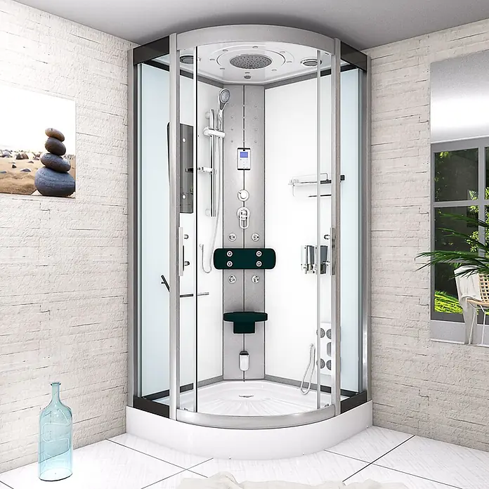 AcquaVapore Komplettdusche Dampfdusche D46-00T2 - 80 x 80 x 215 cm, Weiß - Moderne Eckduschkabine mit Glastüren, weißer Wanne, Regendusche, Handbrause, Massagedüsen, Bedienfeld und Sitz, in einem stilvollen Bad.