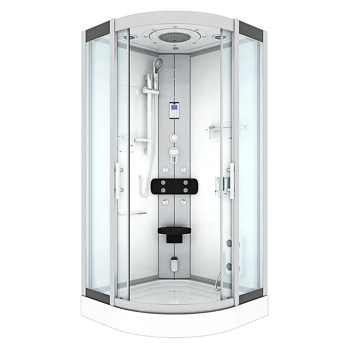 AcquaVapore Komplettdusche Dampfdusche D46-00T2 - 80 x 80 x 215 cm, Weiß - Moderne Viertelkreis-Duschkabine mit Glastüren, integrierten Bedienelementen, Regendusche, Massagedüsen und schwarzem Sitz.