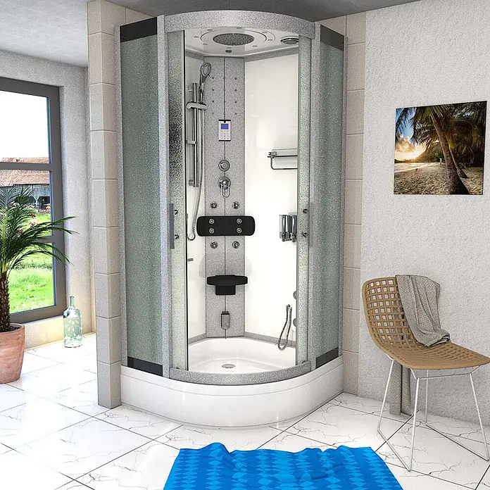 AcquaVapore Komplettdusche Dampfdusche D46-60M2 - 100 x 100 x 225 cm, Weiß - Eine moderne silber-graue Eckduschkabine aus Milchglas mit weißer Basis, in einem Badezimmer.