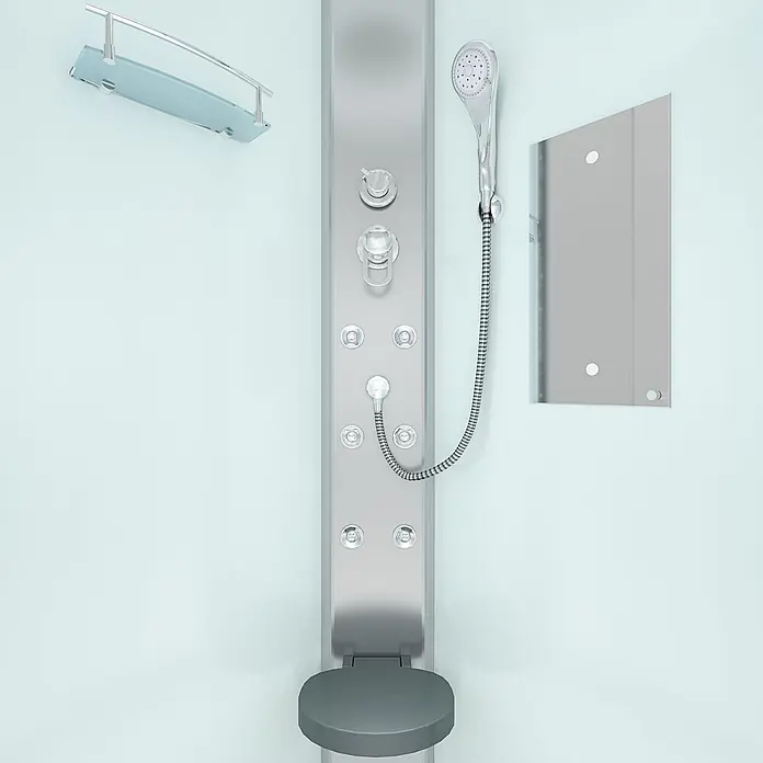 AcquaVapore Komplettdusche Fertigdusche D10-10T0-EC - 90 x 90 x 215 cm, Weiß - Modernes Duschpaneel mit Handbrause, Massagedüsen, integrierten Bedienelementen, klappbarem Sitz und Glasablage.