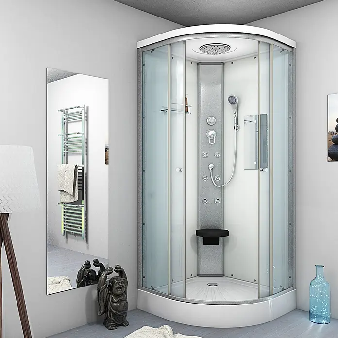 AcquaVapore Komplettdusche Fertigdusche D10-10T0-EC - 90 x 90 x 215 cm, Weiß - Moderne Eckduschkabine mit Glasgehäuse, weiß/grauen Paneelen, Regendusche, Massagedüsen und schwarzem Klappsitz, im Badezimmer.