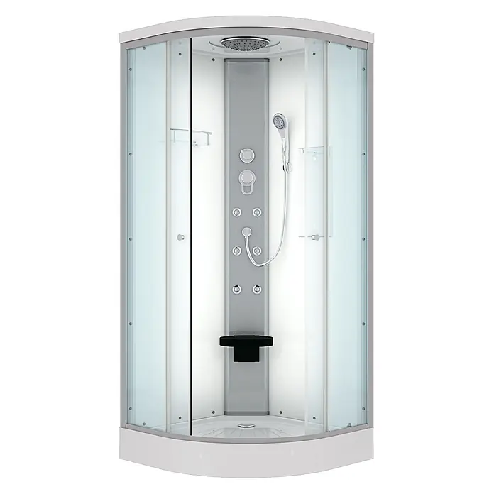 AcquaVapore Komplettdusche Fertigdusche D10-10T0-EC - 90 x 90 x 215 cm, Weiß - Weiße Eck-Duschkabine mit Klarglastüren, grauer Steuerkonsole, Regendusche, Handbrause, Massagedüsen und Klappsitz.