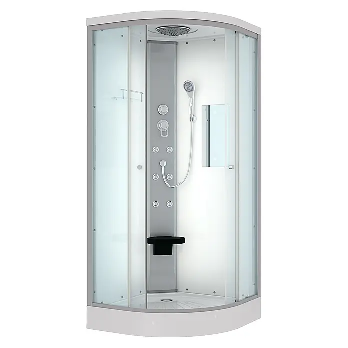 AcquaVapore Komplettdusche Fertigdusche D10-10T0-EC - 90 x 90 x 215 cm, Weiß - Moderne Viertelkreis-Duschkabine mit Klarglastüren, weißer Wanne, grauer Platte, Regen-, Handbrause, Massagedüsen und einem schwarzen Klappsitz.
