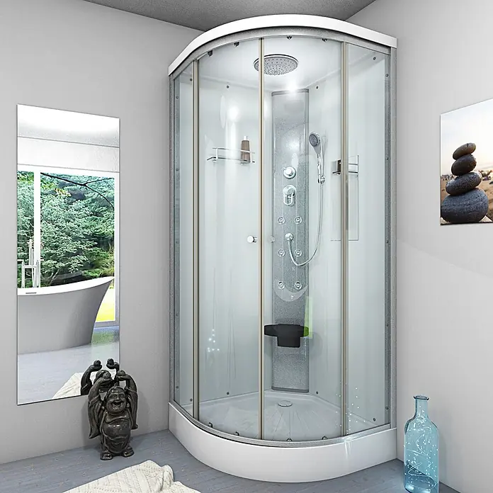 AcquaVapore Komplettdusche Fertigdusche D10-10T0-EC - 90 x 90 x 215 cm, Weiß - Eine moderne Eckduschkabine mit Glastüren, weißem Rahmen, Kopfbrause, Massagedüsen und Klappsitz, in einem Badezimmer.