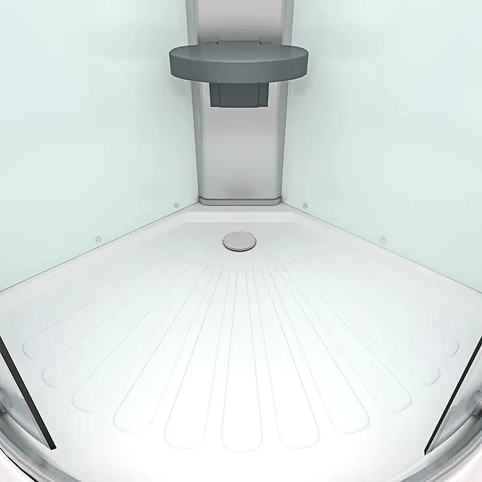AcquaVapore Komplettdusche Fertigdusche D10-00T1 - 80 x 80 x 215 cm, Weiß - Weiße Duschwanne mit rutschfesten Rillen und einem grauen klappbaren Eckhocker für Duschkabinen.