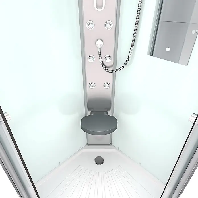 AcquaVapore Komplettdusche Fertigdusche D10-10T0-EC - 90 x 90 x 215 cm, Weiß - Duschkabinen-Interieur mit silbernem Bedienfeld, Massagedüsen, Handbrause, dunkelgrauem Klappsitz und weißer Duschwanne.