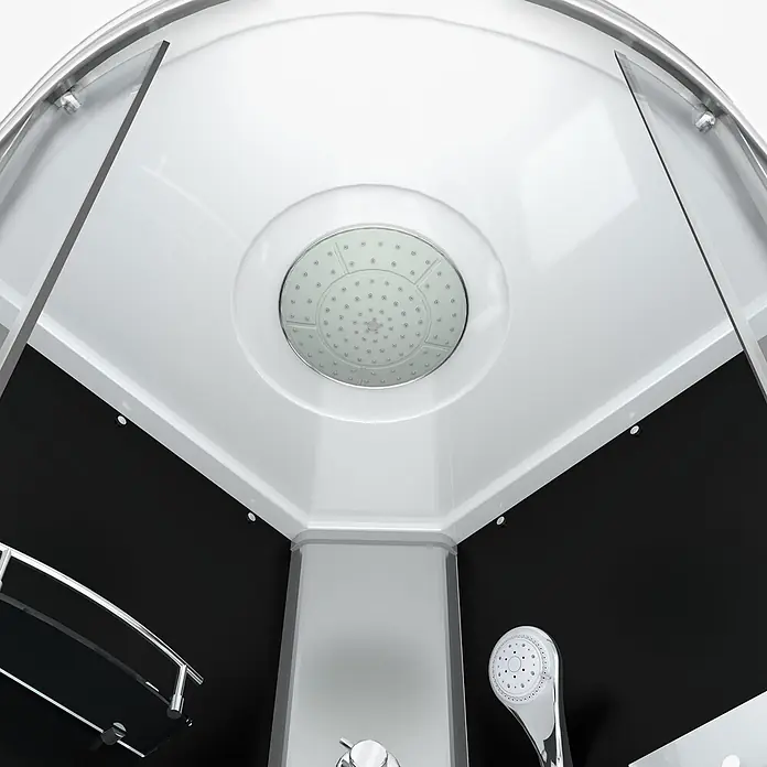 AcquaVapore Komplettdusche Fertigdusche D10-23T1-EC - 100 x 100 x 215 cm, Schwarz - Innenansicht einer modernen Duschkabine mit großem Kopfbrause, Handbrause und schwarzen Paneelen.