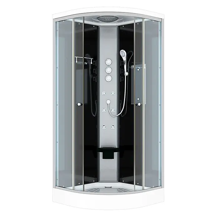 AcquaVapore Komplettdusche Fertigdusche D10-23T1-EC - 100 x 100 x 215 cm, Schwarz - Moderne weiße und graue Viertelkreis-Duschkabine mit Glastüren, einer zentralen Paneele mit Regen-, Handbrause und mehreren Massagedüsen.
