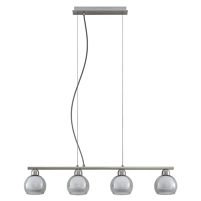 Lucande Pendelleuchte Kaiya - L x B x H: 95 x 14 x 7,8 cm, nickel, weiß, rauchgrau, E14 - Lineare Pendelleuchte mit vier kugelförmigen Glasschirmen und gebürsteter Metallschiene.