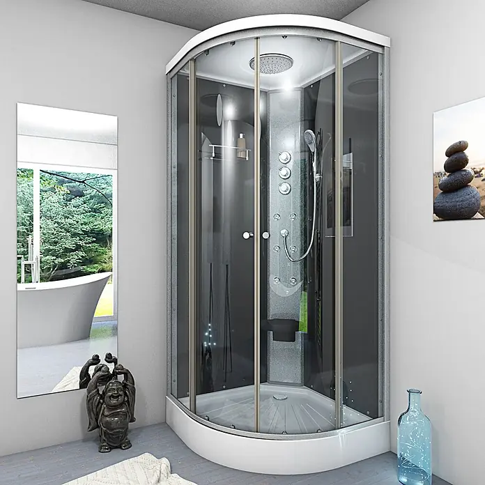 AcquaVapore Komplettdusche Fertigdusche D10-23T1-EC - 100 x 100 x 215 cm, Schwarz - Eine moderne Eckduschkabine mit klaren und dunklen Glaspaneelen, weißem Rahmen und mehreren Duschfunktionen, in einem modernen Badezimmer.