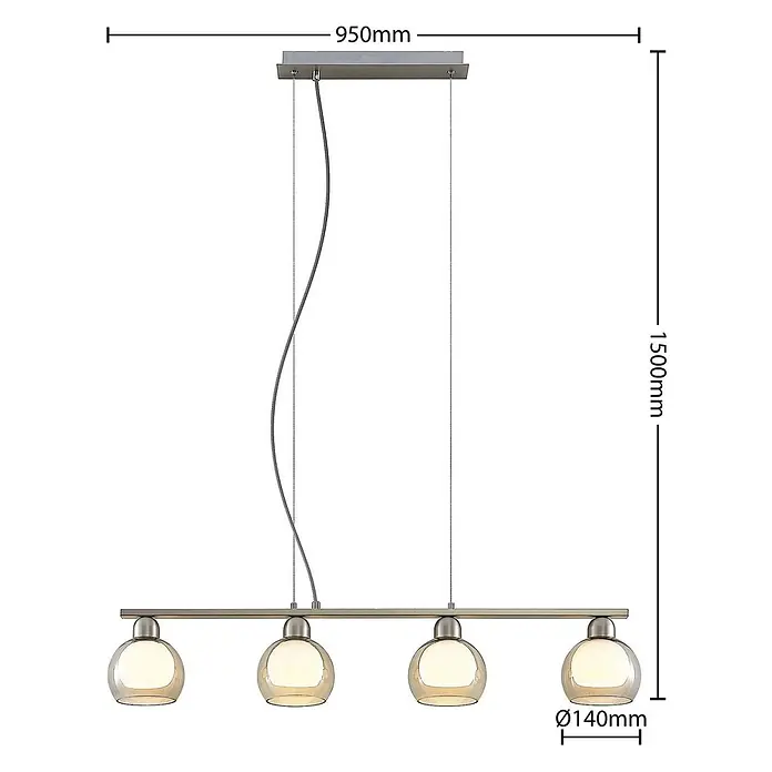 Lucande Pendelleuchte Kaiya - L x B x H: 95 x 14 x 7,8 cm, nickel, weiß, rauchgrau, E14 - Vierflammige Pendelleuchte mit linearer Leiste aus gebürstetem Metall, vier kugelförmigen Glasschirmen und Silberaufhängung.