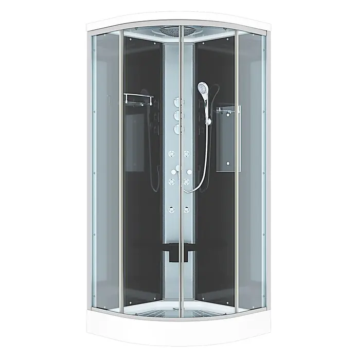 AcquaVapore Komplettdusche Fertigdusche D10-23T1-EC - 100 x 100 x 215 cm, Schwarz - Moderne weiße Eckduschkabine mit Klarglas, schwarzen Paneelen, Regendusche, Massagedüsen, Handbrause und Sitz.