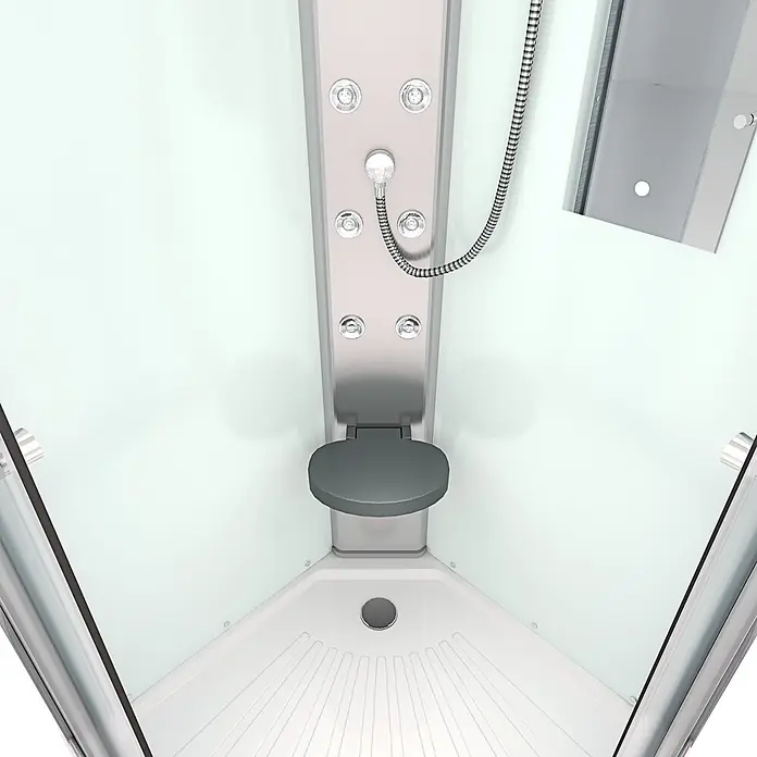 AcquaVapore Komplettdusche Fertigdusche D10-00T1 - 80 x 80 x 215 cm, Weiß - Inneres einer modernen Duschkabine mit grauem Duschpaneel, integriertem Sitz und texturierter weißer Basis.