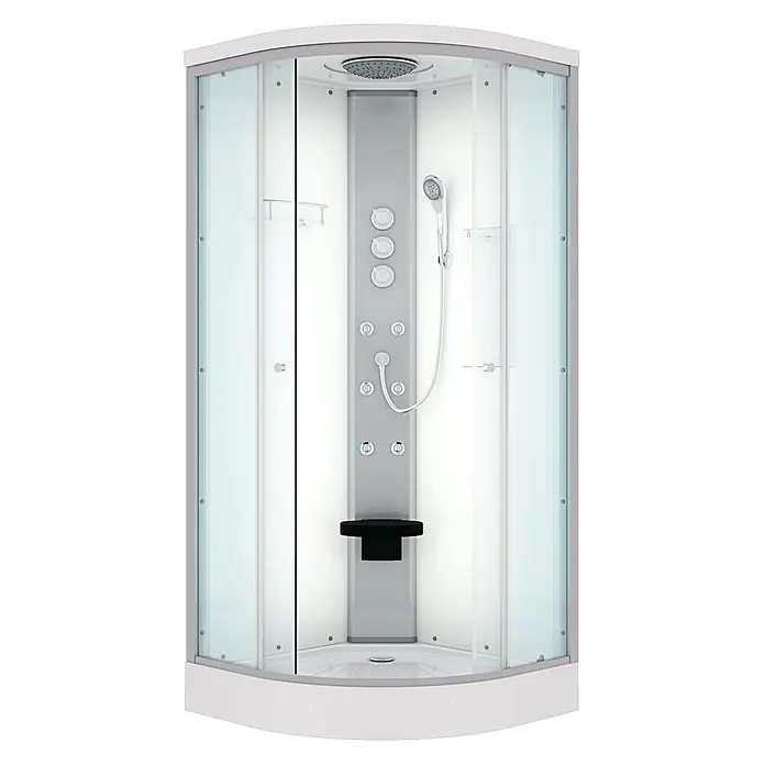 AcquaVapore Komplettdusche Fertigdusche D10-00T1 - 80 x 80 x 215 cm, Weiß - Weiße-graue Eckduschkabine mit Klarglastüren, Mehrstrahldüsen, Handbrause und schwarzem Sitz.