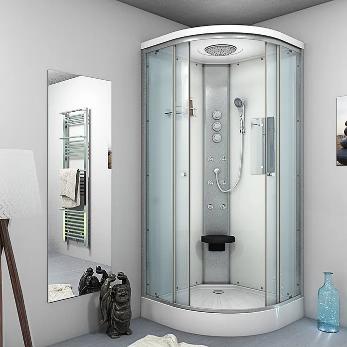 AcquaVapore Komplettdusche Fertigdusche D10-00T1 - 80 x 80 x 215 cm, Weiß - Eckduschkabine mit Milchglas-Türen, weißer Basis und einer Multijet-Platte mit Regen- und Handbrause.