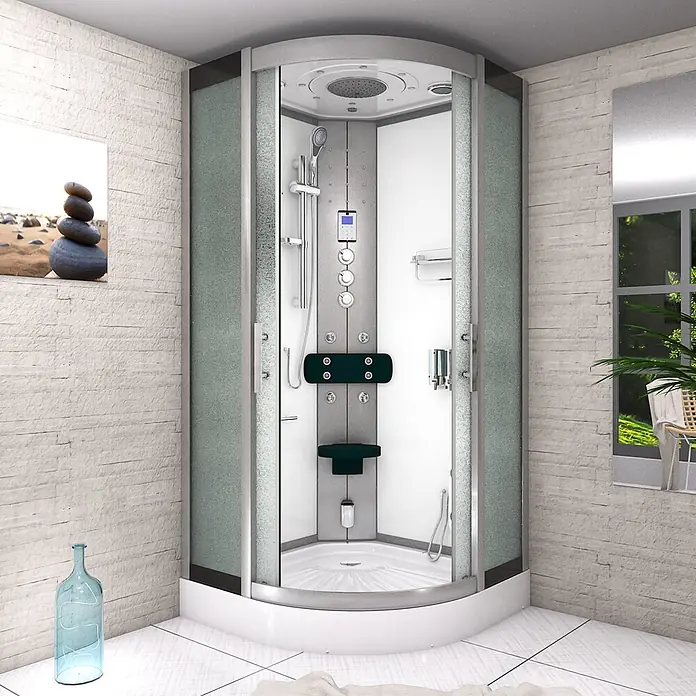 AcquaVapore Komplettdusche Dampfdusche D46-10M3 - Weiß - Moderne Eckduschkabine mit mattierten Glastüren, Regenduschkopf, Handbrause, Massagedüsen und integriertem Sitz.
