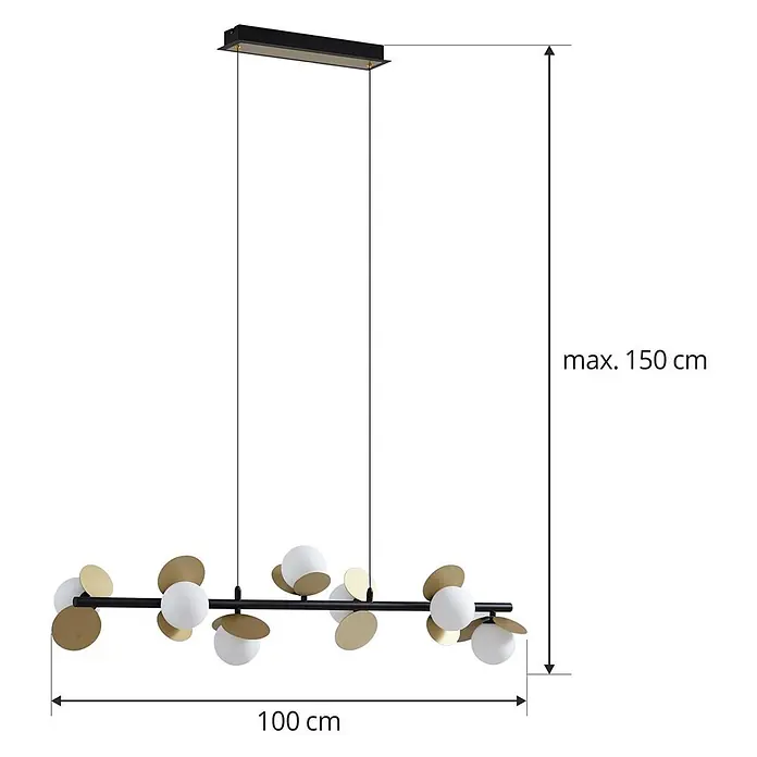 Lucande Pendelleuchte Pallo - L x B x H: 100 x 23,5 x 18 cm, Schwarz, gold, weiß - Schwarze Hängeleuchte mit weißen Glaskugeln und goldenen Metallscheiben, 100 cm lang.
