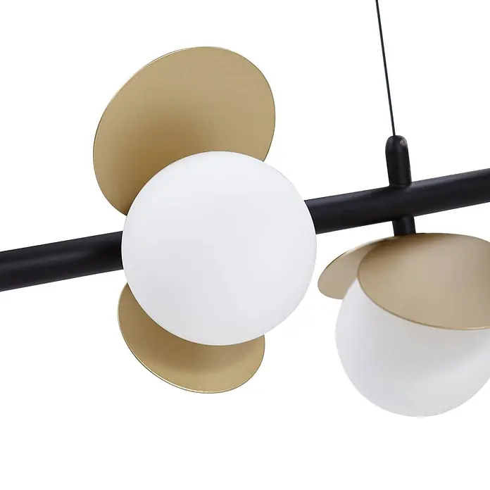 Lucande Pendelleuchte Pallo - L x B x H: 100 x 23,5 x 18 cm, Schwarz, gold, weiß - Moderne schwarze Pendelleuchte mit weißen Kugelgläsern und goldenen Akzenten.