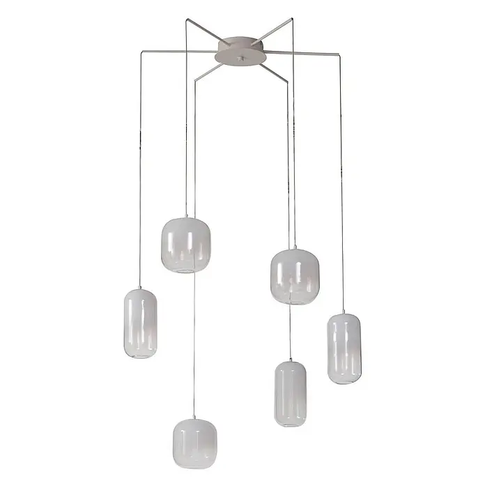 Lucande Pendelleuchte Avelina - L x B x H: 77 x 77 x 17 cm, weiß / opal, weiß - Weiße mehrflammige Hängelampe mit sternförmiger Deckenhalterung und sechs runden Glaslampenschirmen in verschiedenen Formen.