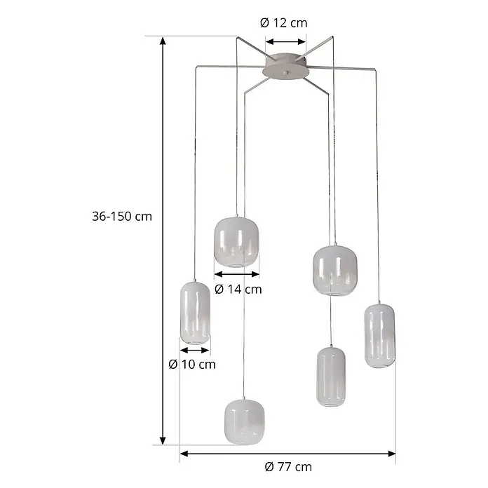 Lucande Pendelleuchte Avelina - L x B x H: 77 x 77 x 17 cm, weiß / opal, weiß - Weiße Pendelleuchte mit sechs verschiedenen satinierten Glasschirmen, die an einer zentralen Deckenhalterung hängen.