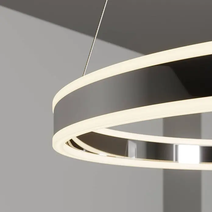Lucande Pendelleuchte Lyani - L x B x H: 60 x 60 x 5 cm, chrom / silber, chrom, weiß satiniert - Moderne, graue und weiße kreisförmige LED-Pendelleuchte an Drähten.
