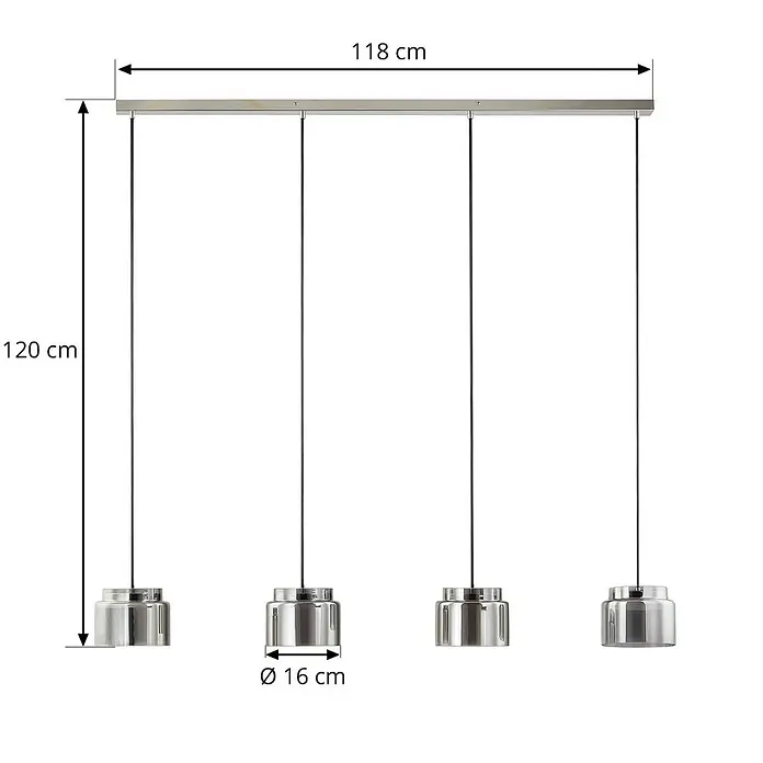 Lucande Pendelleuchte Diano - L x B x H: 118 x 16 x 15 cm, alu / grau / zink, rauchgrau, chrom - Moderne vierflammige Pendelleuchte aus silbernem Metall mit 16 cm Schirmen, 118 cm lang, 120 cm Abhängung.
