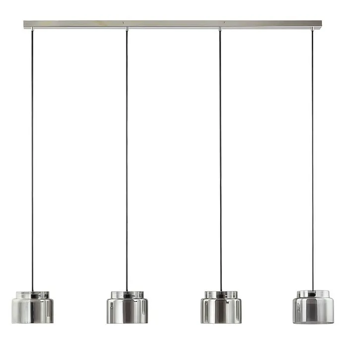 Lucande Pendelleuchte Diano - L x B x H: 118 x 16 x 15 cm, alu / grau / zink, rauchgrau, chrom - Vierflammige lineare Pendelleuchte mit silberfarbener Stange und zylindrischen Metallschirmen.