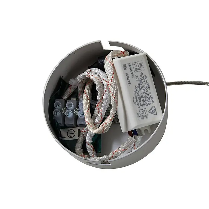 Lucande Pendelleuchte Avelinra - L x B x H: 14 x 14 x 17 cm, weiß / opal, weiß - Weißes LED-Netzteil (Treiber) in rundem Gehäuse mit Klemmen und Kabeln.