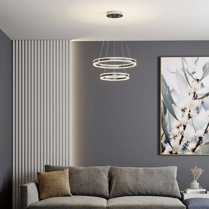 Lucande Pendelleuchte Lyani - L x B x H: 60 x 60 x 5 cm, chrom / silber, chrom, weiß satiniert - Moderne Deckenleuchte mit zwei schwebenden, beleuchteten LED-Ringen im Wohnzimmer.