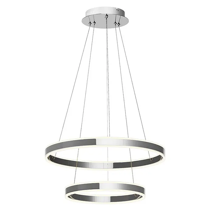Lucande Pendelleuchte Lyani - L x B x H: 60 x 60 x 5 cm, chrom / silber, chrom, weiß satiniert - Moderner LED-Kronleuchter mit zwei verchromten, beleuchteten Ringen, von einer runden Deckenhalterung abgehängt.