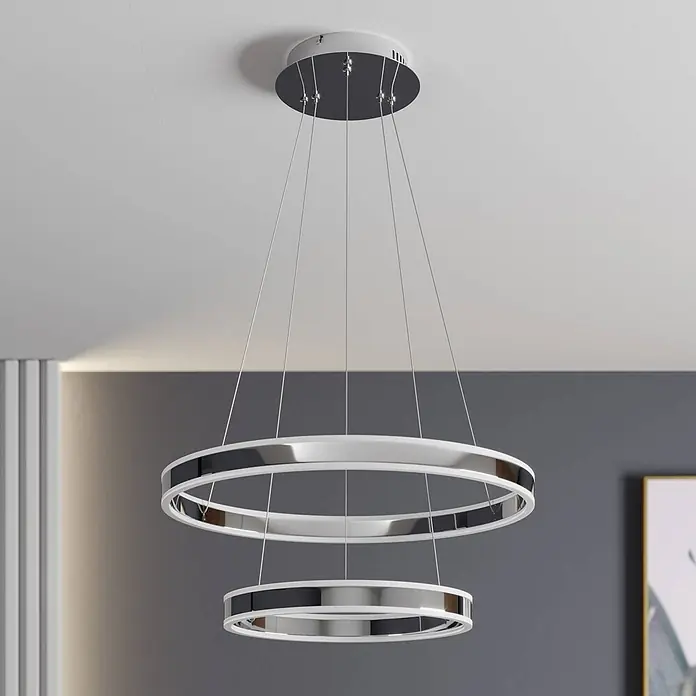 Lucande Pendelleuchte Lyani - L x B x H: 60 x 60 x 5 cm, chrom / silber, chrom, weiß satiniert - Moderne Pendelleuchte in Weiß und Chrom mit zwei schwebenden konzentrischen Ringen.