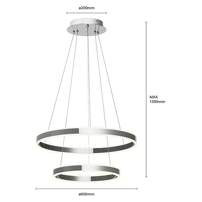 Lucande Pendelleuchte Lyani - L x B x H: 60 x 60 x 5 cm, chrom / silber, chrom, weiß satiniert - Moderne silbergraue LED-Pendelleuchte mit zwei beleuchteten Ringen, von der Decke abgehängt.
