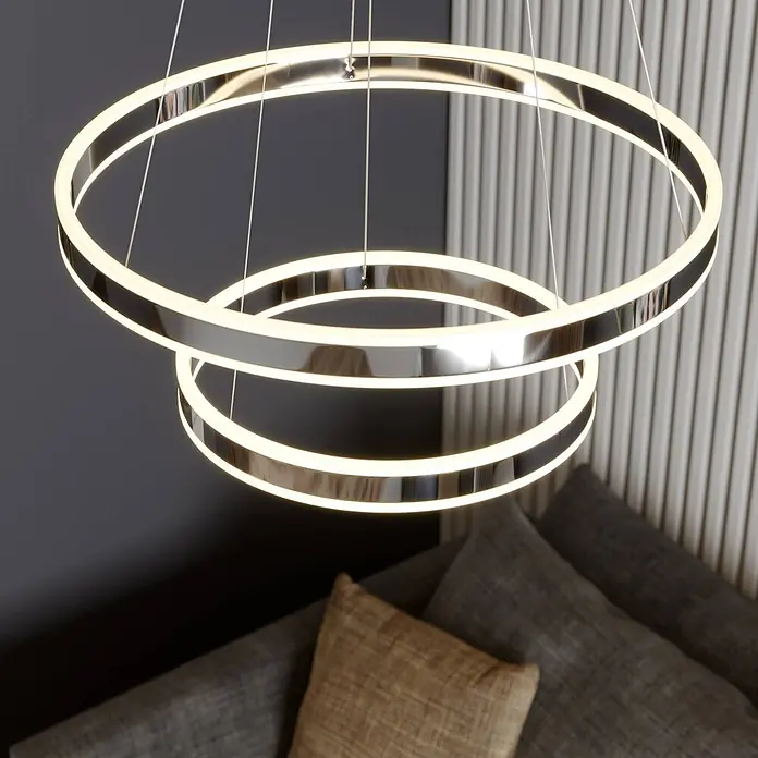 Lucande Pendelleuchte Lyani - L x B x H: 60 x 60 x 5 cm, chrom / silber, chrom, weiß satiniert - Zweiring-LED-Pendelleuchte aus poliertem Chrom, beleuchtet einen modernen Wohnbereich.