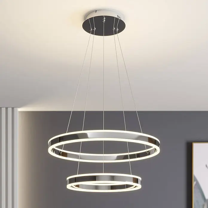 Lucande Pendelleuchte Lyani - L x B x H: 60 x 60 x 5 cm, chrom / silber, chrom, weiß satiniert - Moderne zweiringige LED-Pendelleuchte in Chromoptik, strahlt warmweißes Licht aus.