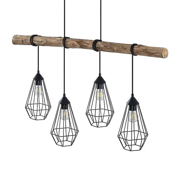 Lindby Pendelleuchte Eldarion - L x B x H: 116 x 17,5 x 25,6 cm, schwarz, Schwarz matt, holz hell, E27 - Rustikale Pendelleuchte mit Holzbalken und vier schwarzen geometrischen Drahtkäfiglampen, jede mit sichtbarer Glühbirne.