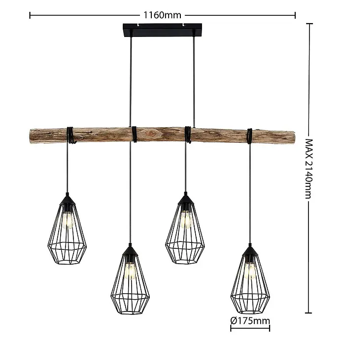 Lindby Pendelleuchte Eldarion - L x B x H: 116 x 17,5 x 25,6 cm, schwarz, Schwarz matt, holz hell, E27 - Vierflammige Pendelleuchte mit schwarzen Metallkäfigschirmen und einem natürlichen Holz-Balken.