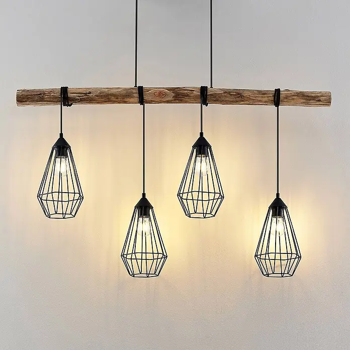 Lindby Pendelleuchte Eldarion - L x B x H: 116 x 17,5 x 25,6 cm, schwarz, Schwarz matt, holz hell, E27 - Rustikale Hängelampe mit Holzbalken und vier schwarzen geometrischen Käfigleuchten mit sichtbaren Glühbirnen.