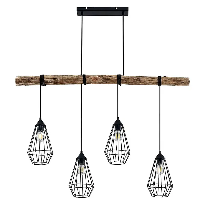 Lindby Pendelleuchte Eldarion - L x B x H: 116 x 17,5 x 25,6 cm, schwarz, Schwarz matt, holz hell, E27 - Rustikale Pendelleuchte mit Holzbalken und vier schwarzen geometrischen Käfiglampen mit sichtbaren Glühbirnen.