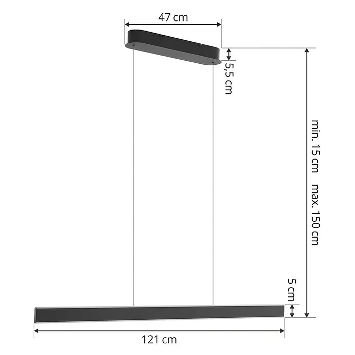Lucande Pendelleuchte Philine - L x B x H: 121 x 10 x 5 cm, schwarz, sandSchwarz - Schwarze lineare Pendelleuchte mit rechteckiger Deckenhalterung und schlanker Lichtleiste, an Kabeln aufgehängt.