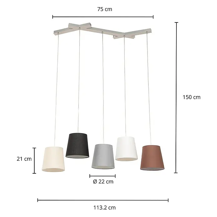 Lucande Pendelleuchte Thamila - L x B x H: 113 x 53 x 21 cm, Multicolour, nickel, karamel, Schwarz, grau, weiß, braun, E27 - Fünfflammige Pendelleuchte mit linearer Metallleiste und mehrfarbigen Stoffschirmen (Beige, Schwarz, Grau, Weiß, Braun).