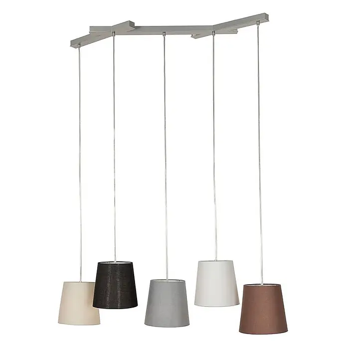 Lucande Pendelleuchte Thamila - L x B x H: 113 x 53 x 21 cm, Multicolour, nickel, karamel, Schwarz, grau, weiß, braun, E27 - Fünfflammige Pendelleuchte mit silberner Winkelstange und Stoffschirmen in Creme, Schwarz, Grau, Weiß, Braun.
