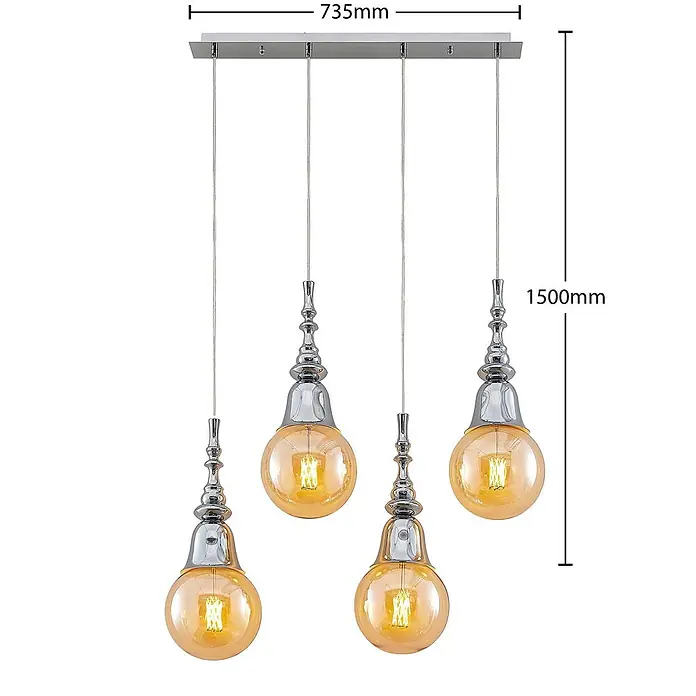 Lucande Pendelleuchte Gesja - L x B x H: 73,5 x 13,5 x 32,5 cm, chrom, E27 - Linearer 4-flammiger Pendelleuchte mit Chromstange und bernsteinfarbenen Glasbirnen, längenverstellbar.