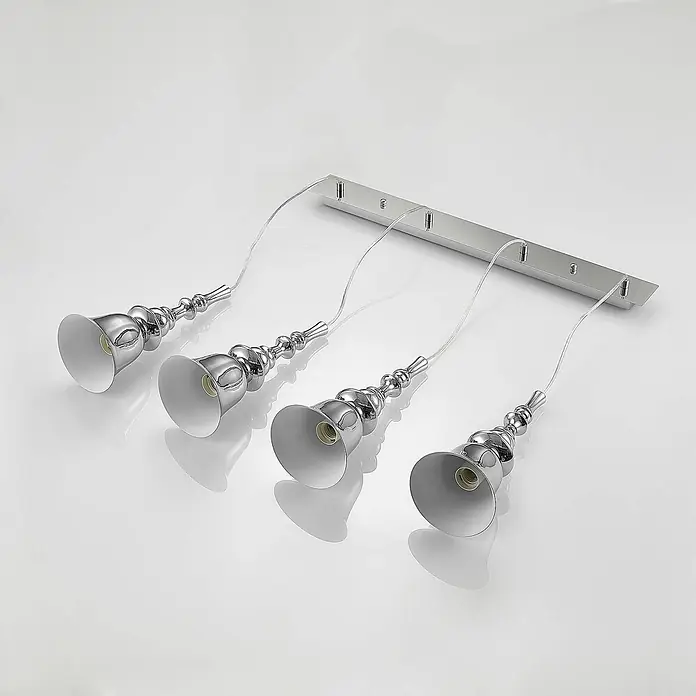 Lucande Pendelleuchte Gesja - L x B x H: 73,5 x 13,5 x 32,5 cm, chrom, E27 - Verchromte vierflammige Pendelleuchte mit verzierten glockenförmigen Schirmen und rechteckiger Deckenplatte.