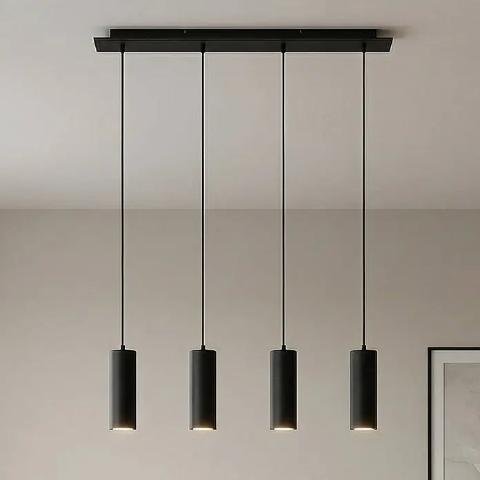 Lindby Pendelleuchte Joffrey - L x B x H: 76 x 6 x 18 cm, schwarz, Schwarz, GU10 - Lineare Pendelleuchte mit vier schwarzen zylindrischen Strahlern, von der Decke hängend.